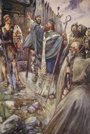Illustration of Saint Columba at Bridei's Fort. Public domain image.