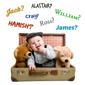Baby boy sitting up in antique suitcase with various Scottish boy names around him