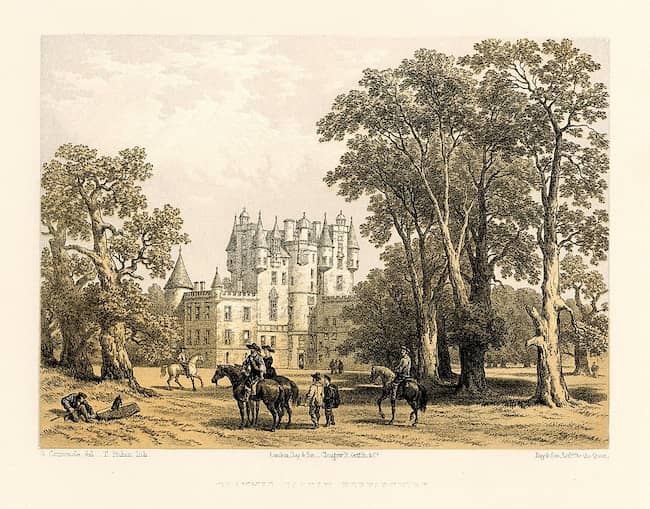 Lithographic print of Glamis Castle dating from mid 19th century. Public Domain image.