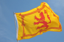Lion Rampant flag against blue sky Lion Rampant flag against blue sky