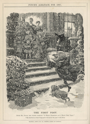 Mr Punch goes first footing, Punch's Almanac. 1897 Caricature of first-footing from Punch's Almanac, 1897