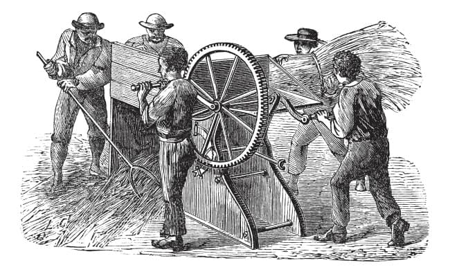 Workers using a threshing machine