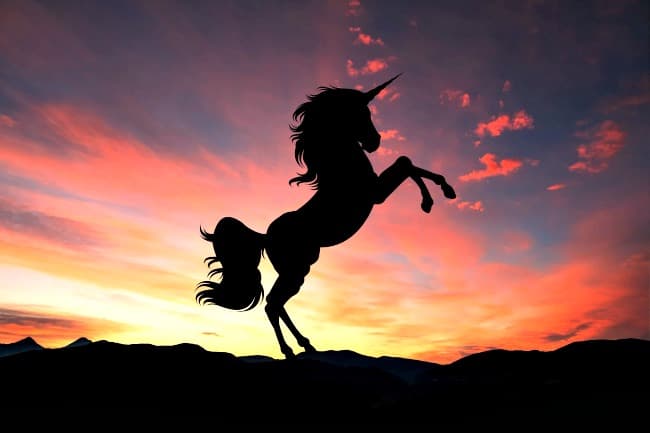 Unicorn silhouette against sunset sky