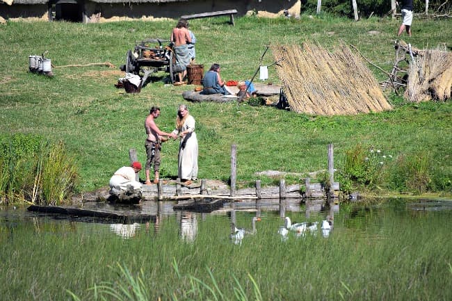 Asentamiento vikingo en la orilla de un río